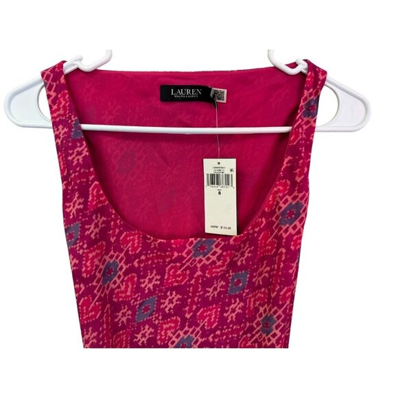 LAUREN Ralph Lauren Womens 8 Geometric Print Belted Crepe Midi Dress Fuchsia NWT - Picture 2 of 15